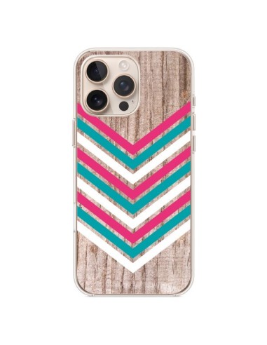 Coque iPhone 16 Pro Max Tribal Aztèque Bois Wood Flèche Rose Bleu - Laetitia