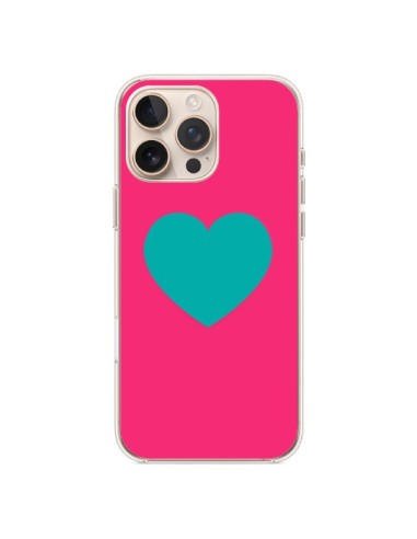 Coque iPhone 16 Pro Max Coeur Bleu Fond Rose - Laetitia