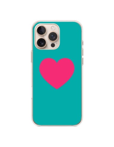 Coque iPhone 16 Pro Max Coeur Rose Fond Bleu  - Laetitia