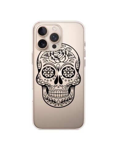 Coque iPhone 16 Pro Max Tête de Mort Mexicaine Noir Transparente - Laetitia