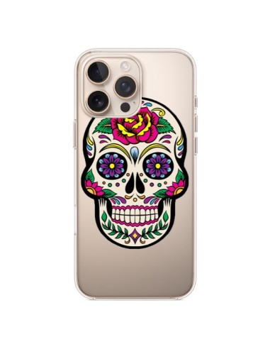 Coque iPhone 16 Pro Max Tête de Mort Mexicaine Fleurs Transparente - Laetitia