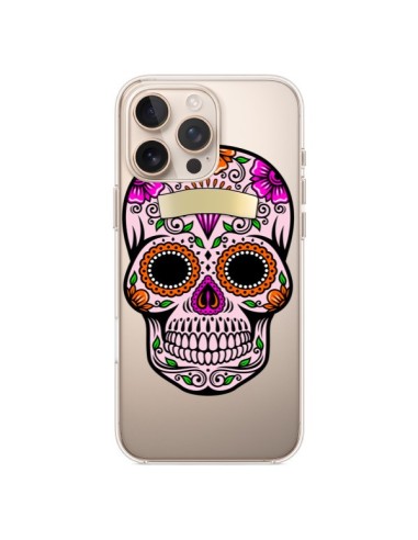 Coque iPhone 16 Pro Max Tête de Mort Mexicaine Noir Rose Transparente - Laetitia