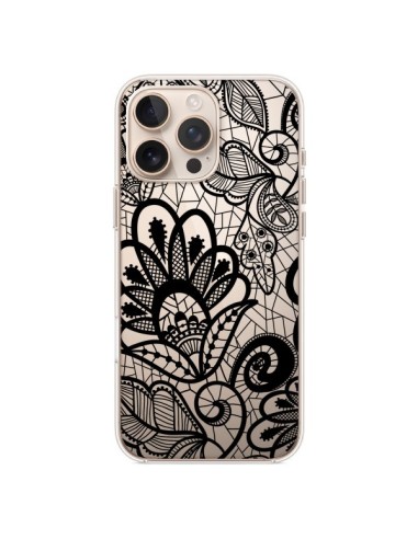 Coque iPhone 16 Pro Max Lace Fleur Flower Noir Transparente - Petit Griffin