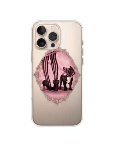 Coque iPhone 16 Pro Max Lady Jambes Chien Bulldog Dog Rose Pois Noir Transparente - Maryline Cazenave