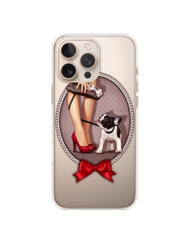 Coque iPhone 16 Pro Max Lady Jambes Chien Bulldog Dog Pois Noeud Papillon Transparente - Maryline Cazenave