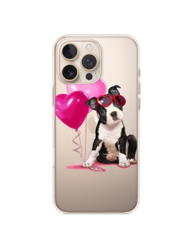 Coque iPhone 16 Pro Max Chien Dog Ballon Lunettes Coeur Rose Transparente - Maryline Cazenave