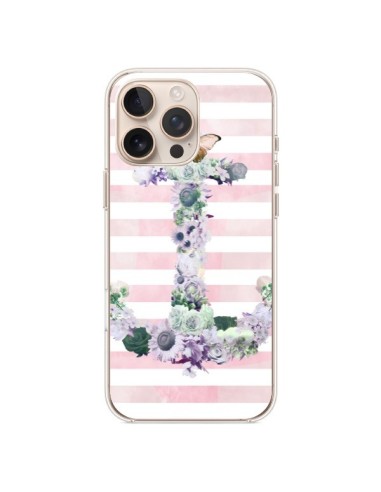 Coque iPhone 16 Pro Max Ancre Rose Fleurs Navire - Monica Martinez