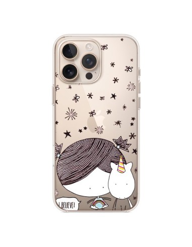 Coque iPhone 16 Pro Max Petite Fille et Licorne I Believe Transparente - Nico