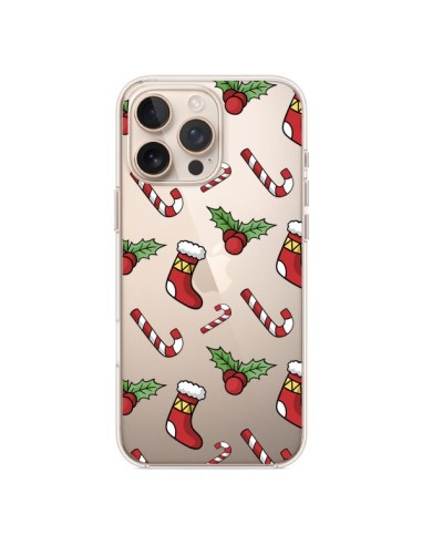 Coque iPhone 16 Pro Max Chaussette Sucre d'Orge Houx de Noël transparente - Nico