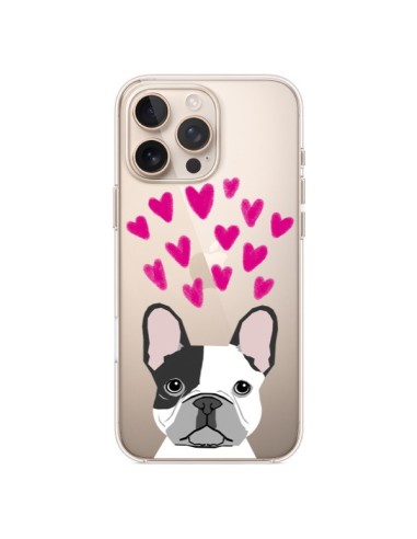 Coque iPhone 16 Pro Max Bulldog Français Coeurs Chien Transparente - Pet Friendly