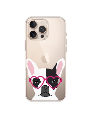 Coque iPhone 16 Pro Max Bulldog Français Lunettes Coeurs Chien Transparente - Pet Friendly