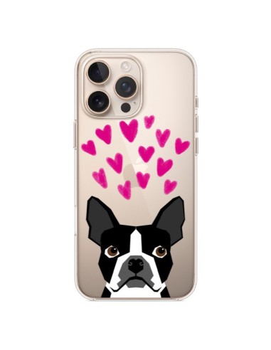 Coque iPhone 16 Pro Max Boston Terrier Coeurs Chien Transparente - Pet Friendly