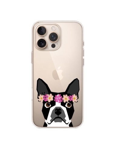 Coque iPhone 16 Pro Max Boston Terrier Fleurs Chien Transparente - Pet Friendly