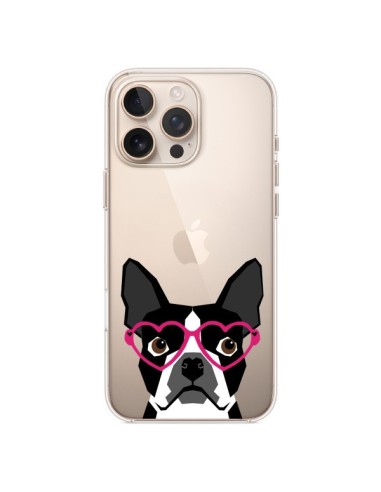 Coque iPhone 16 Pro Max Boston Terrier Lunettes Coeurs Chien Transparente - Pet Friendly