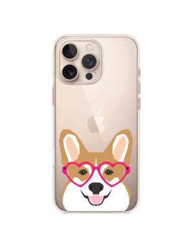 Coque iPhone 16 Pro Max Chien Marrant Lunettes Coeurs Transparente - Pet Friendly