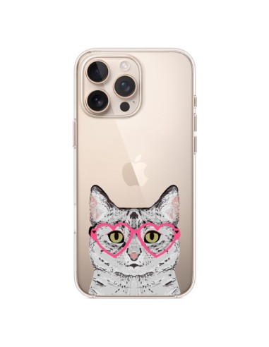 Coque iPhone 16 Pro Max Chat Gris Lunettes Coeurs Transparente - Pet Friendly