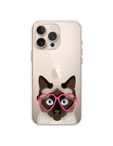 Cover iPhone 16 Pro Max Gatto Marrone Occhiali Cuori Trasparente - Pet Friendly