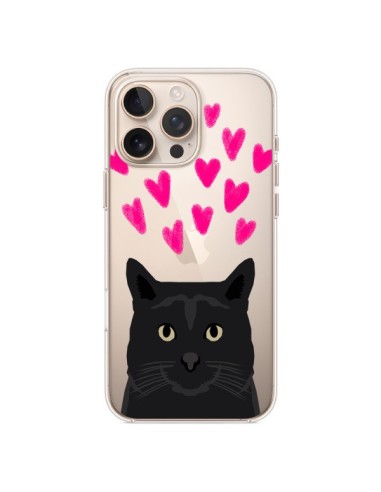 Coque iPhone 16 Pro Max Chat Noir Coeurs Transparente - Pet Friendly