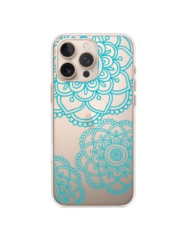 Coque iPhone 16 Pro Max Mandala Bleu Aqua Doodle Flower Transparente - Sylvia Cook