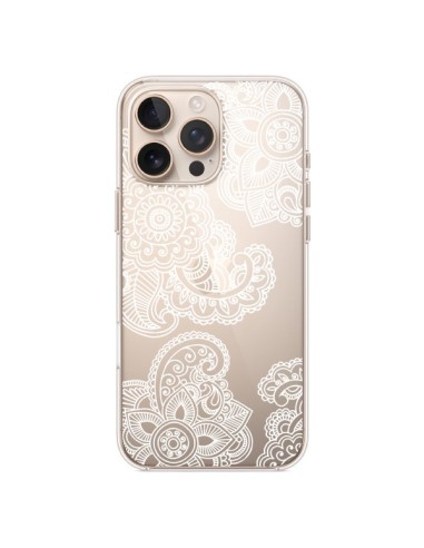 Coque iPhone 16 Pro Max Lacey Paisley Mandala Blanc Fleur Transparente - Sylvia Cook