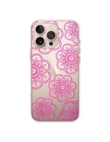 Coque iPhone 16 Pro Max Pink Doodle Flower Mandala Rose Fleur Transparente - Sylvia Cook