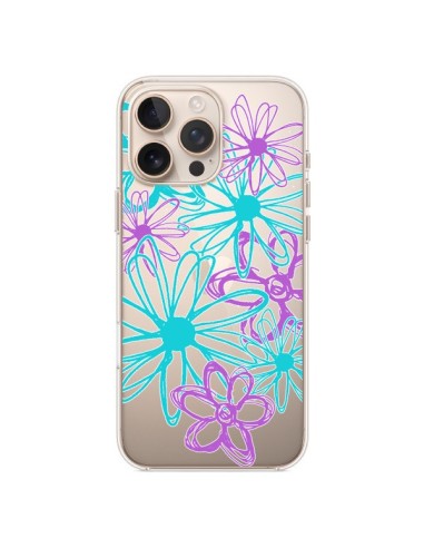 Coque iPhone 16 Pro Max Turquoise and Purple Flowers Fleurs Violettes Transparente - Sylvia Cook