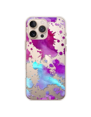 Coque iPhone 16 Pro Max Watercolor Splash Taches Bleu Violet Transparente - Sylvia Cook