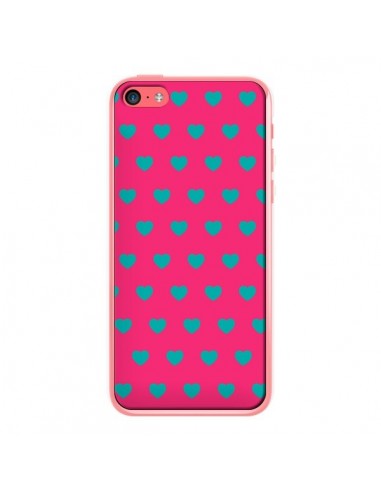 Coque iPhone 5C Coeurs Bleus Fond Rose - Laetitia